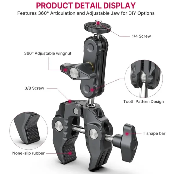 Clamp Camera Mount with 360° Magic Arm Double Ball Head | 1/4″-20 & 3/8″-16 Thread Adapter for DSLR, GoPro, LED Lights, Ronin, Freefly & More - Image 4
