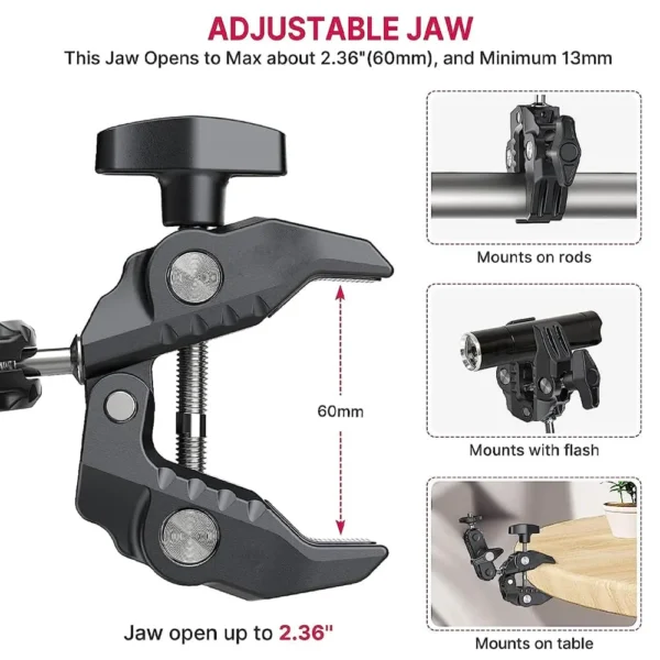 Clamp Camera Mount with 360° Magic Arm Double Ball Head | 1/4″-20 & 3/8″-16 Thread Adapter for DSLR, GoPro, LED Lights, Ronin, Freefly & More - Image 3