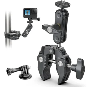 Clamp Camera Mount with 360° Magic Arm Double Ball Head | 1/4″-20 & 3/8″-16 Thread Adapter for DSLR, GoPro, LED Lights, Ronin, Freefly & More