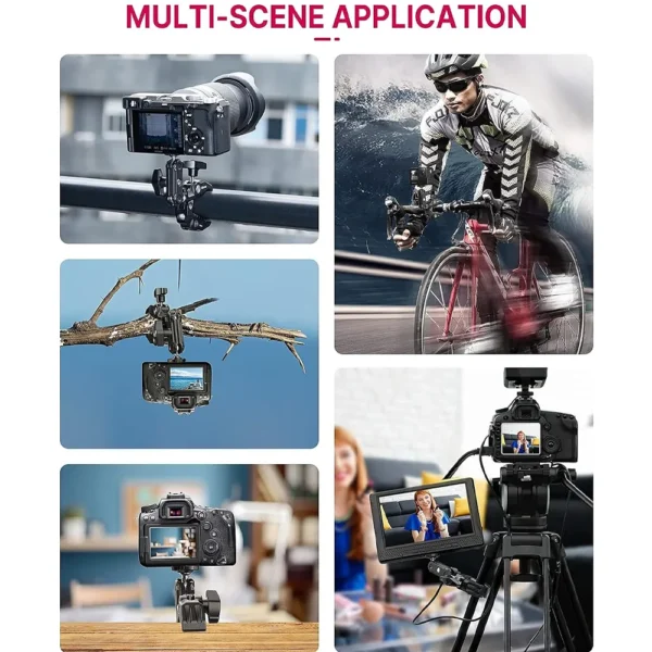 Clamp Camera Mount with 360° Magic Arm Double Ball Head | 1/4″-20 & 3/8″-16 Thread Adapter for DSLR, GoPro, LED Lights, Ronin, Freefly & More - Image 2
